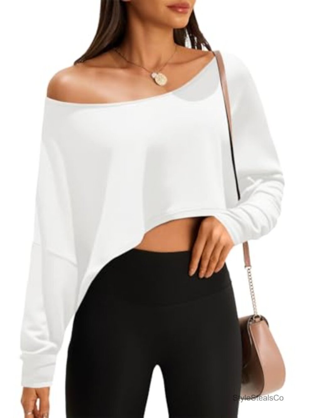 Off Shoulder Crop Top Long Sleeve Loose Fit Boat Neck Summer Workout Tee